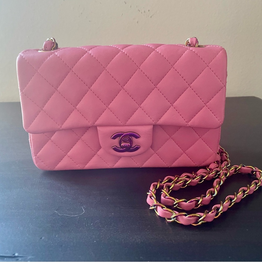 Chanel 21C Like New Pink Yellow Quilted Mini Flap Bag w Rainbow Hardware